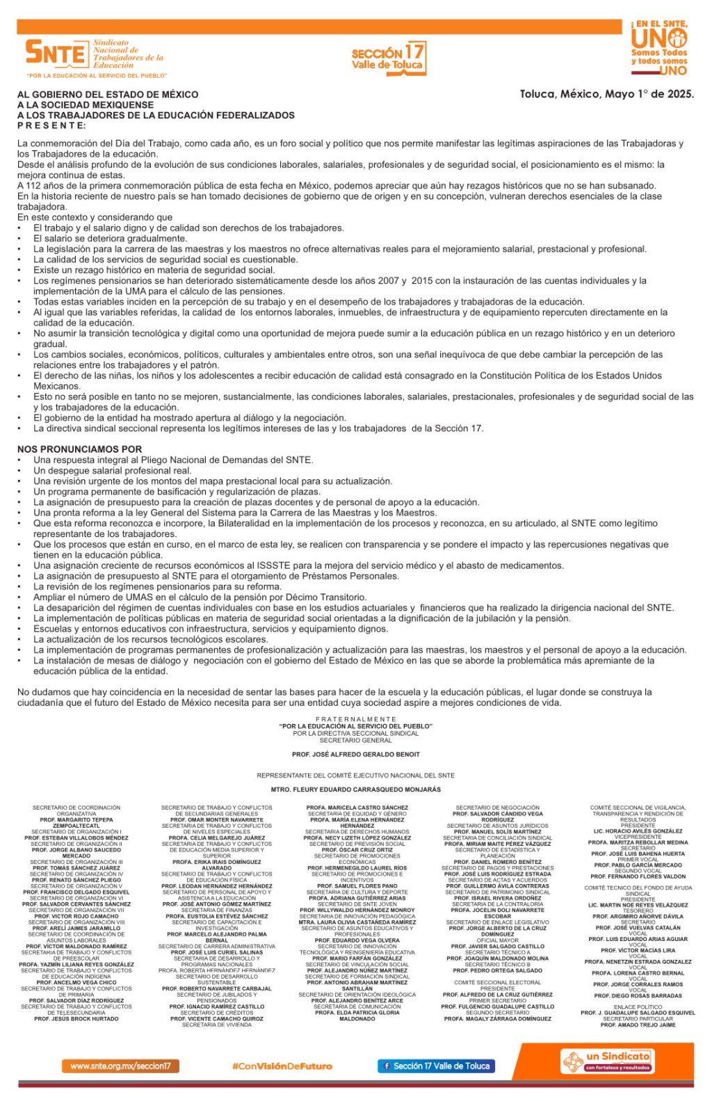 pronunciamiento 1 de mayo 25